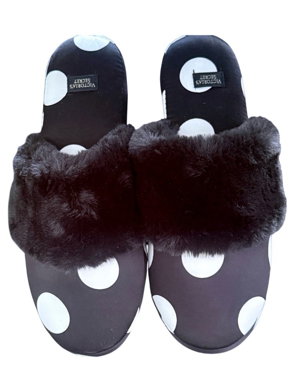 Victorias Secret Polka Dot Faux Fur Slippers Black White VS Pink House Shoes